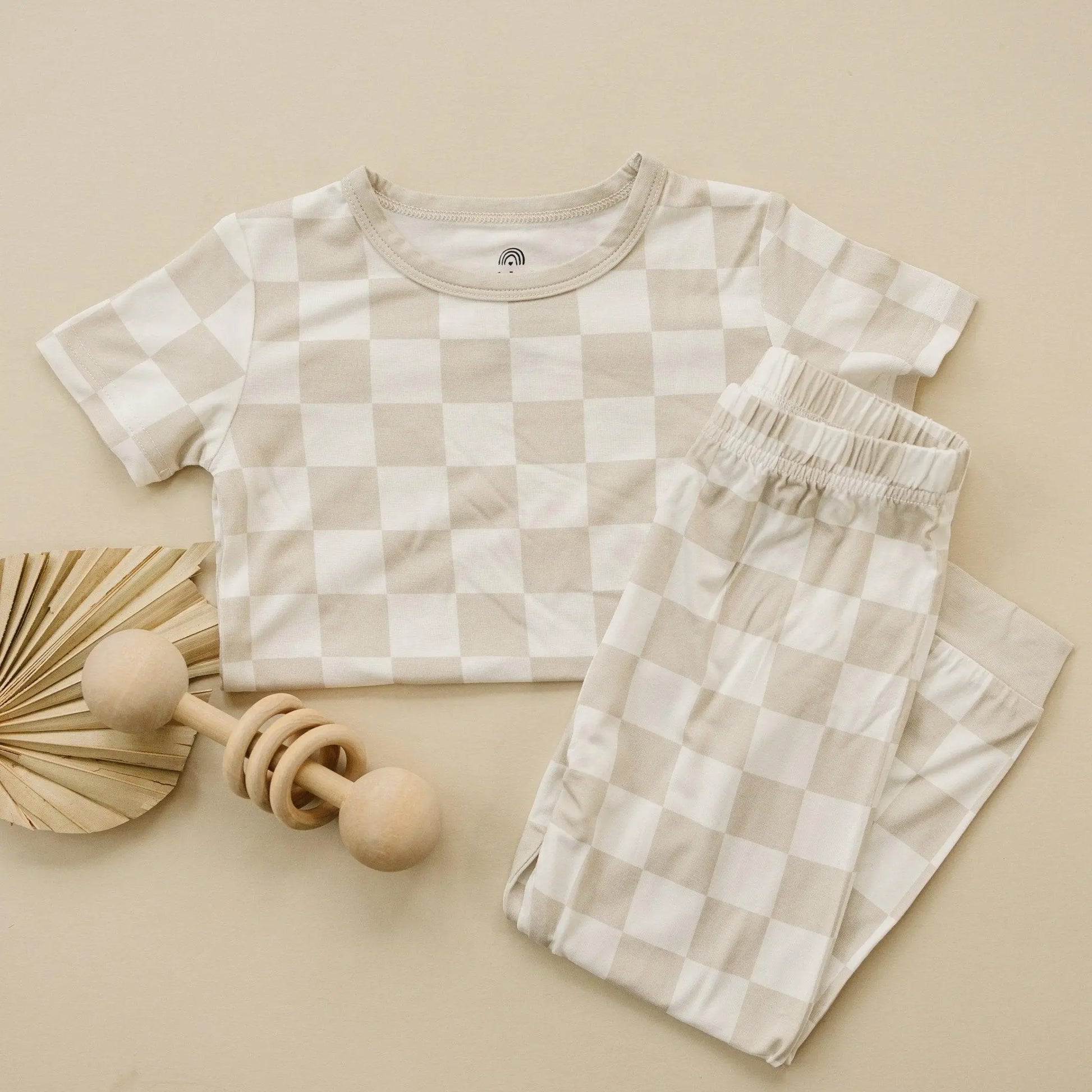 Little Joy Co. Neutral Checker Two Piece Bamboo Pajamas Sleepwear Set Soft - Apparel & Accessories > Clothing > Sleepwear & Loungewear > Pajamas