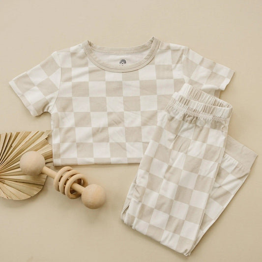 Little Joy Co. Neutral Checker Two Piece Bamboo Pajamas Sleepwear Set Soft - Apparel & Accessories > Clothing > Sleepwear & Loungewear > Pajamas