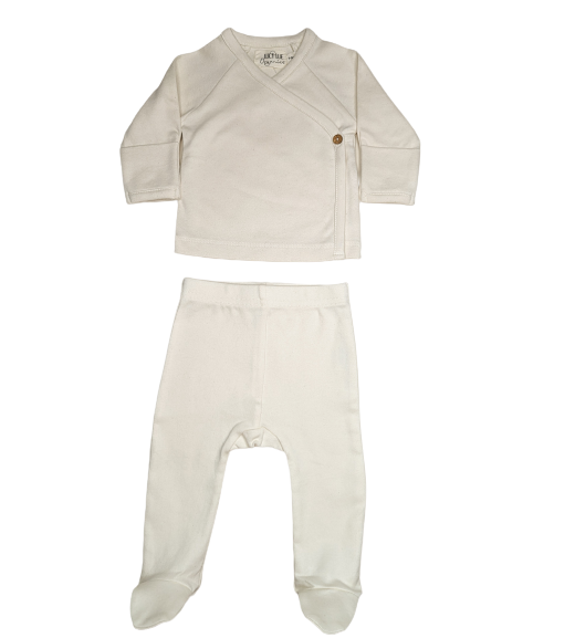Newborn kimono set with side-button wrap top and footed pants with fold-over mittens, in undyed cotton