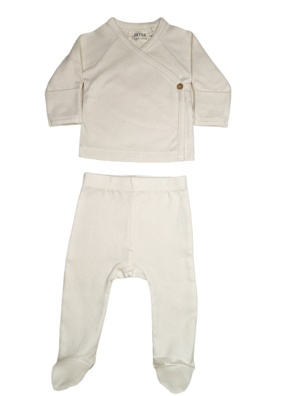 Organic newborn kimono set with footed pants from Lucy Lue Organics, soft and gentle.