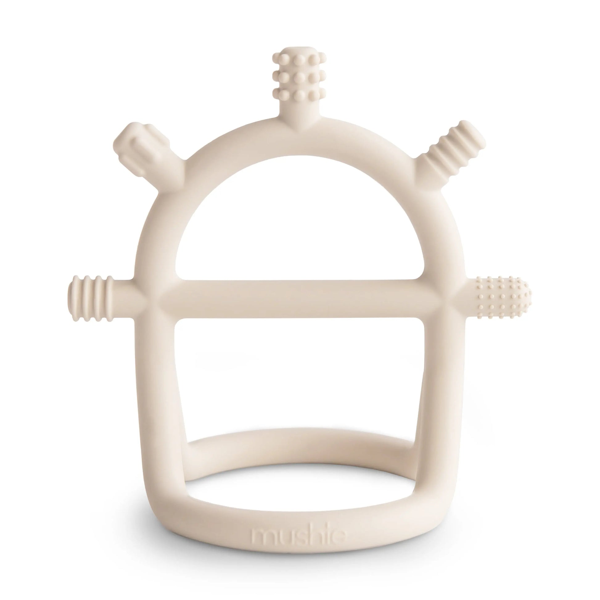 No Drop Sensory Teether for Babies Safe Non Toxic Food Grade Silicone with Easy Grip Handle Mushie