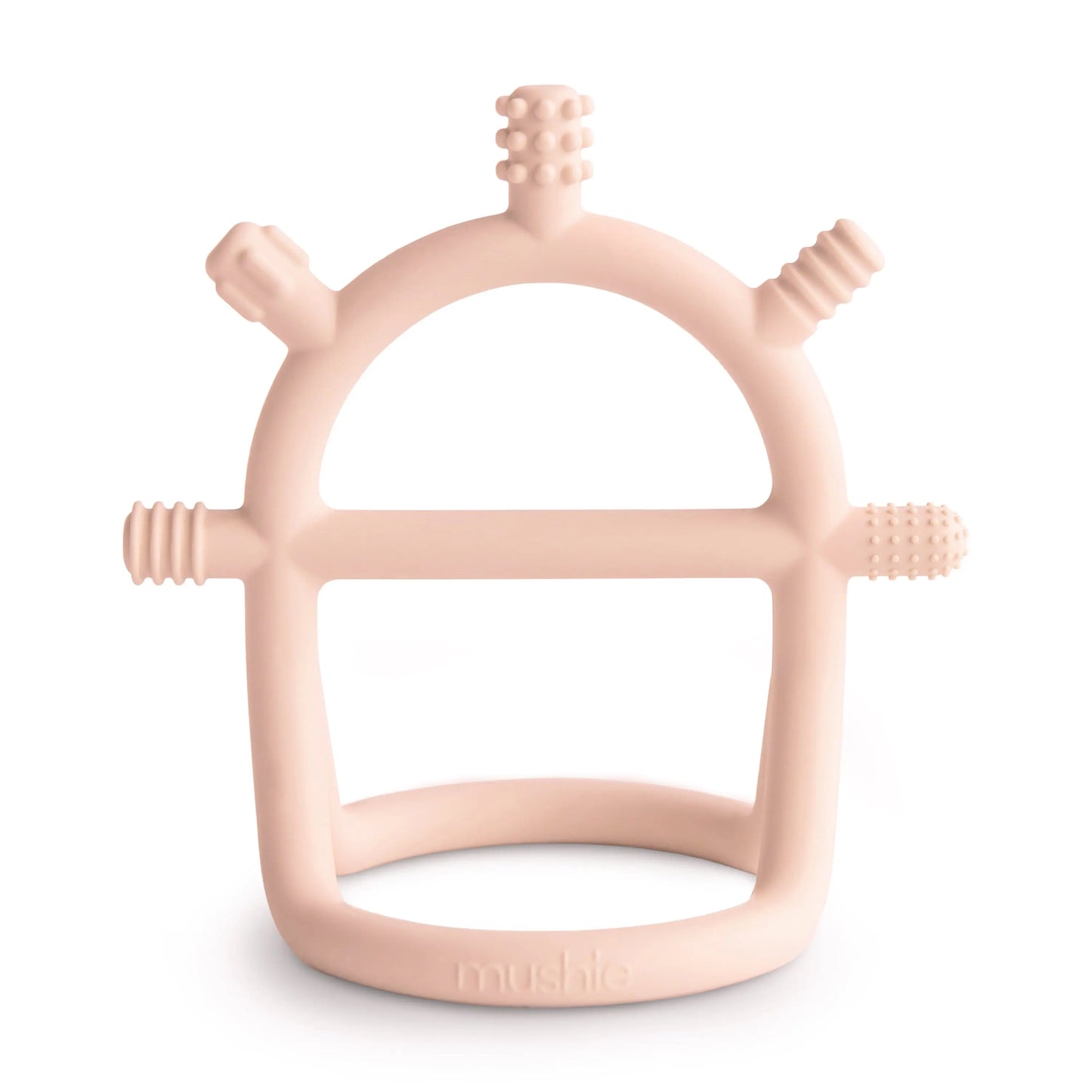 No Drop Sensory Teether for Babies Safe Non Toxic Food Grade Silicone with Easy Grip Handle Mushie