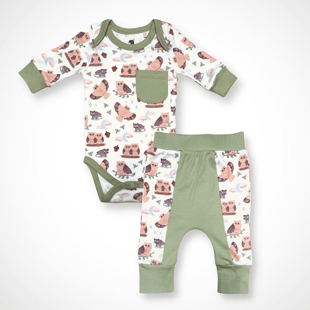 Long sleeve baby bodysuit and matching pants in a colorful owl print