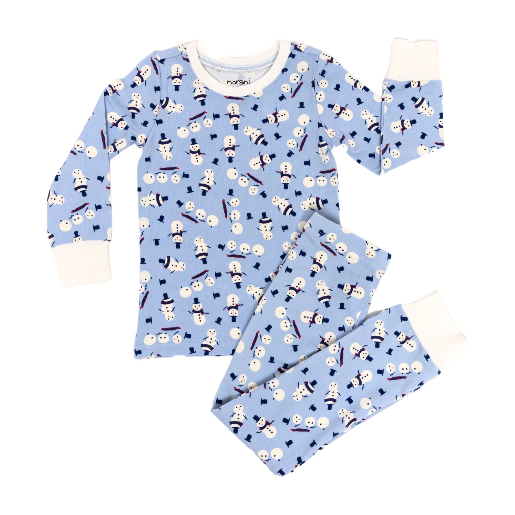 Norani Baby organic kids pajamas with winter snowmen print for holiday nights.