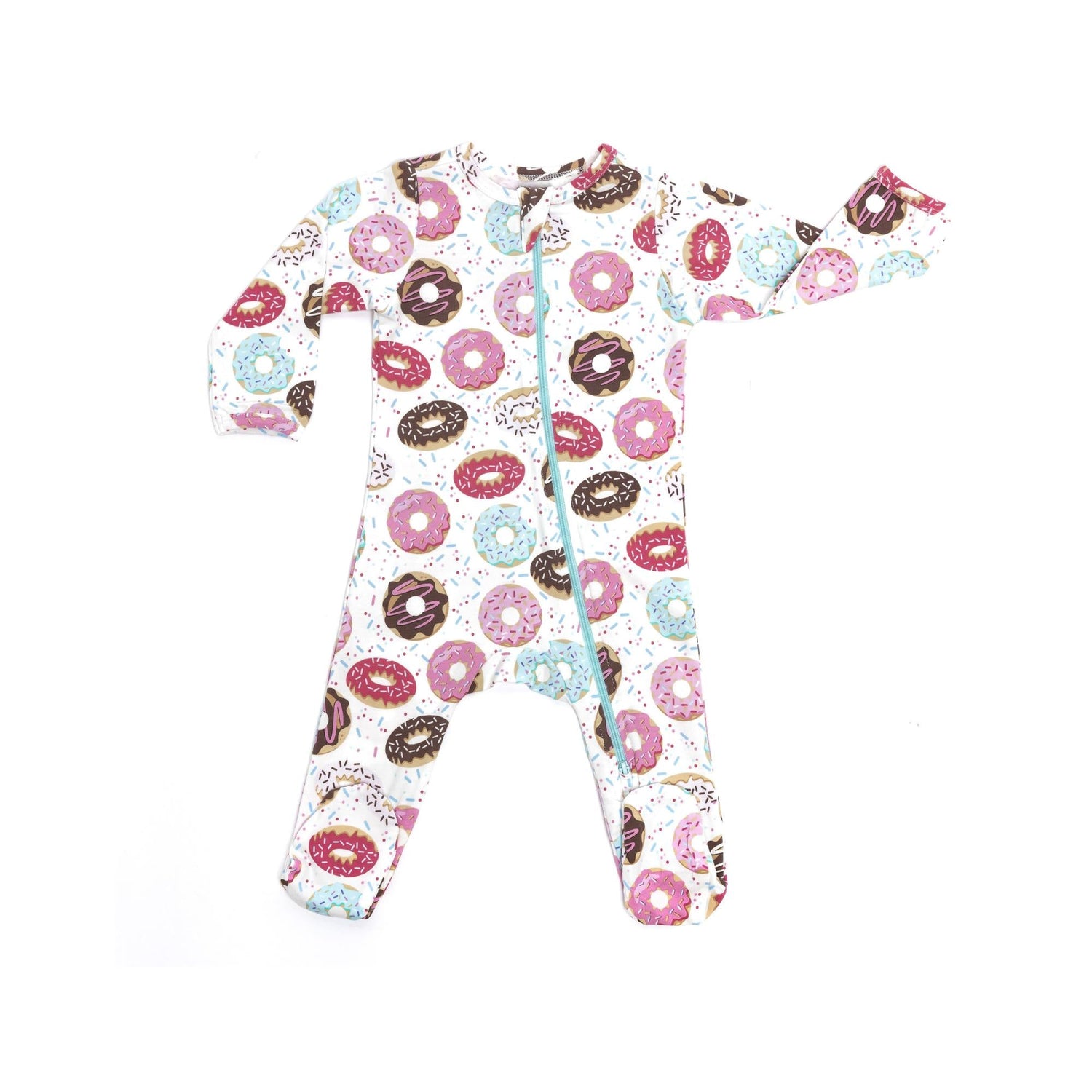 Norani Baby organic footie pajamas with colorful donut print for baby.