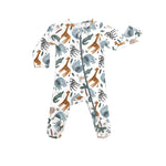 Norani Baby organic newborn footie with safari animals print.