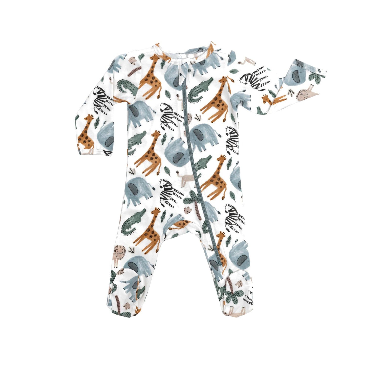 Norani Baby organic newborn footie with safari animals print.