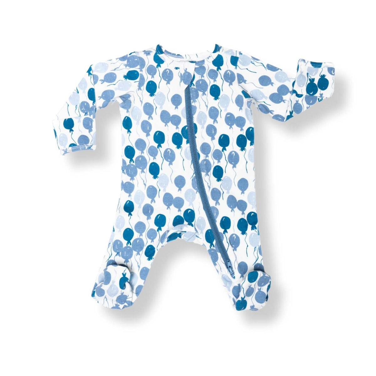 Norani Baby organic footie with blue balloons print.