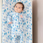 Norani Baby organic footie pajamas, blue balloons print.