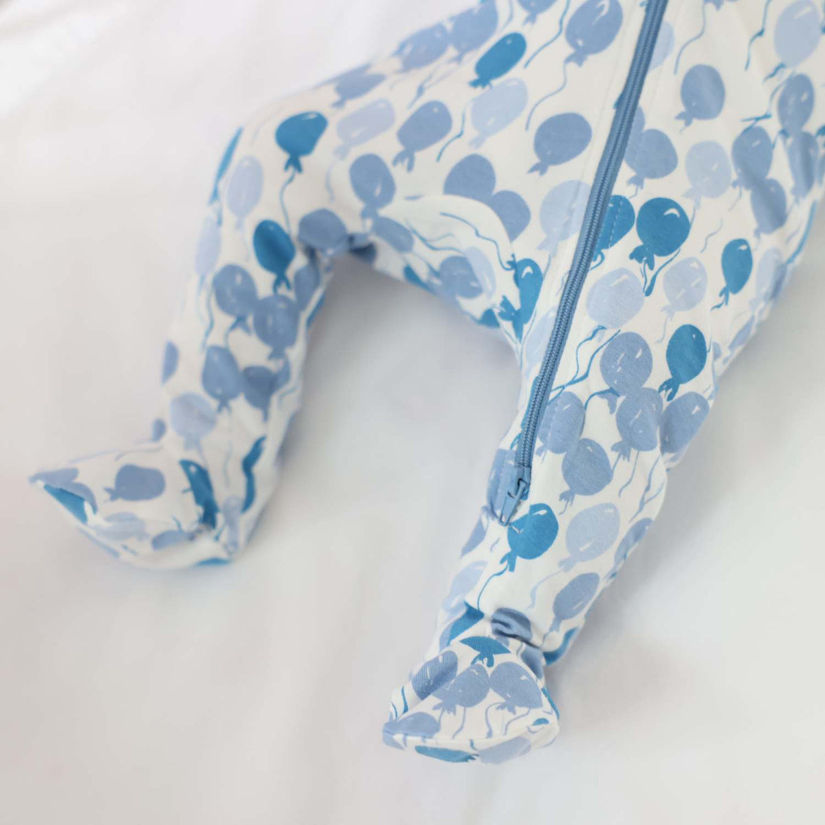 Norani Baby organic cotton baby footie pajamas, blue balloons.