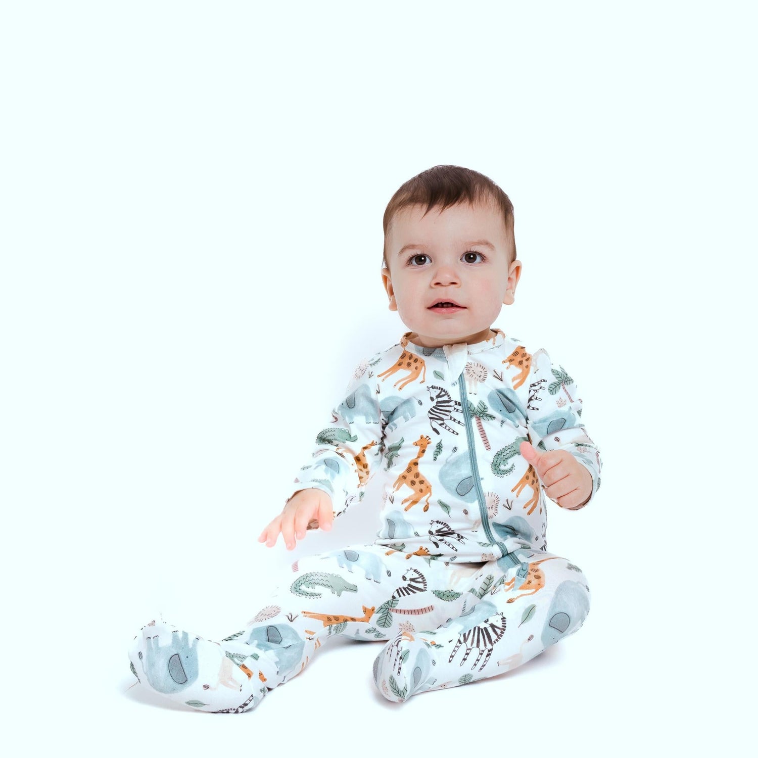 Norani Baby organic newborn footie, safari animals print, contrast zipper.