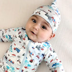 Norani Baby organic footed onesie with contrast zipper for newborns.