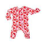 Norani Baby organic footie pajamas with red and pink hearts.