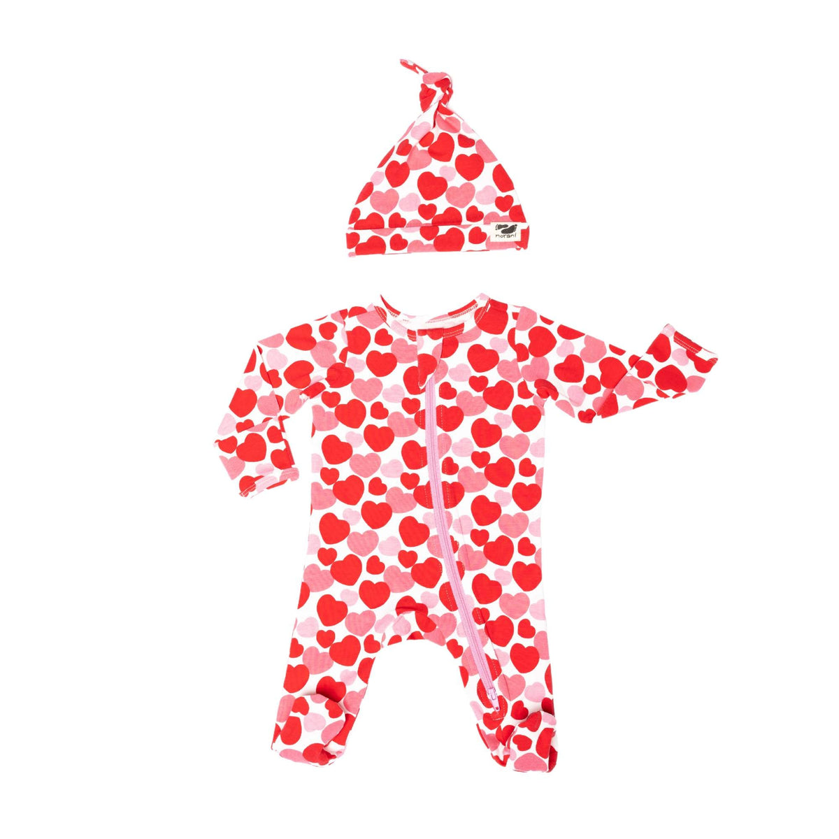 Norani Baby organic footie pajamas, red & pink hearts.