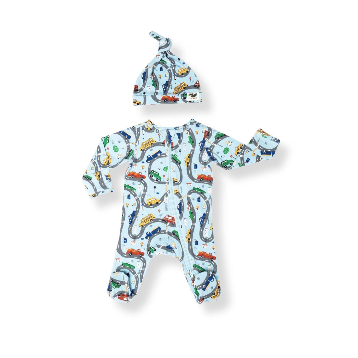 Norani Baby organic footie pajamas with car print.