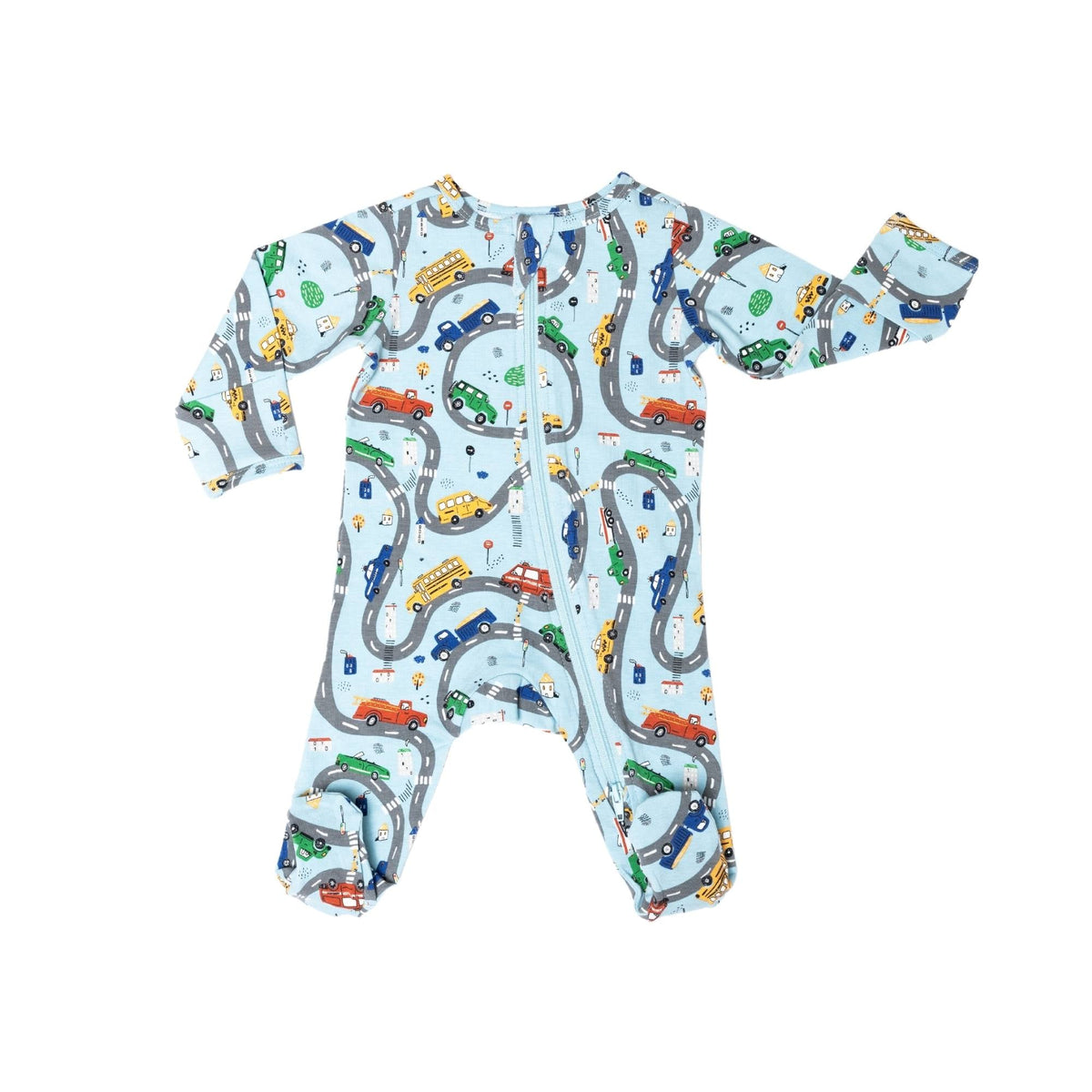 Norani Baby organic footie pajamas with colorful car print.