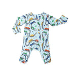 Norani Baby organic footie pajamas with colorful car print.