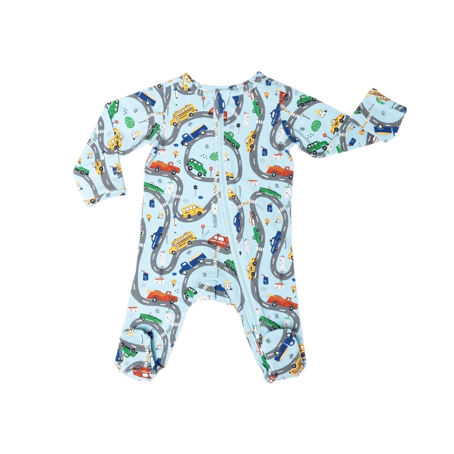 Norani Baby organic footie pajamas with colorful car print.
