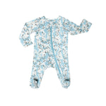 Norani Baby organic footed onesie for newborns with contrast zipper.