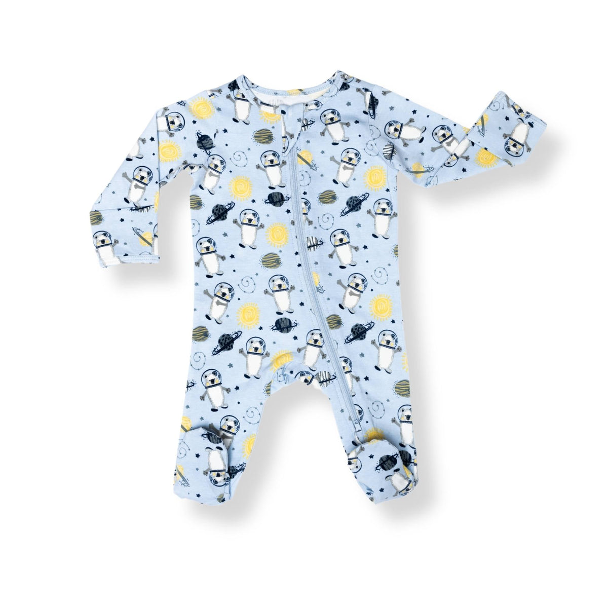 Norani Baby organic footie pajamas with space bears print.
