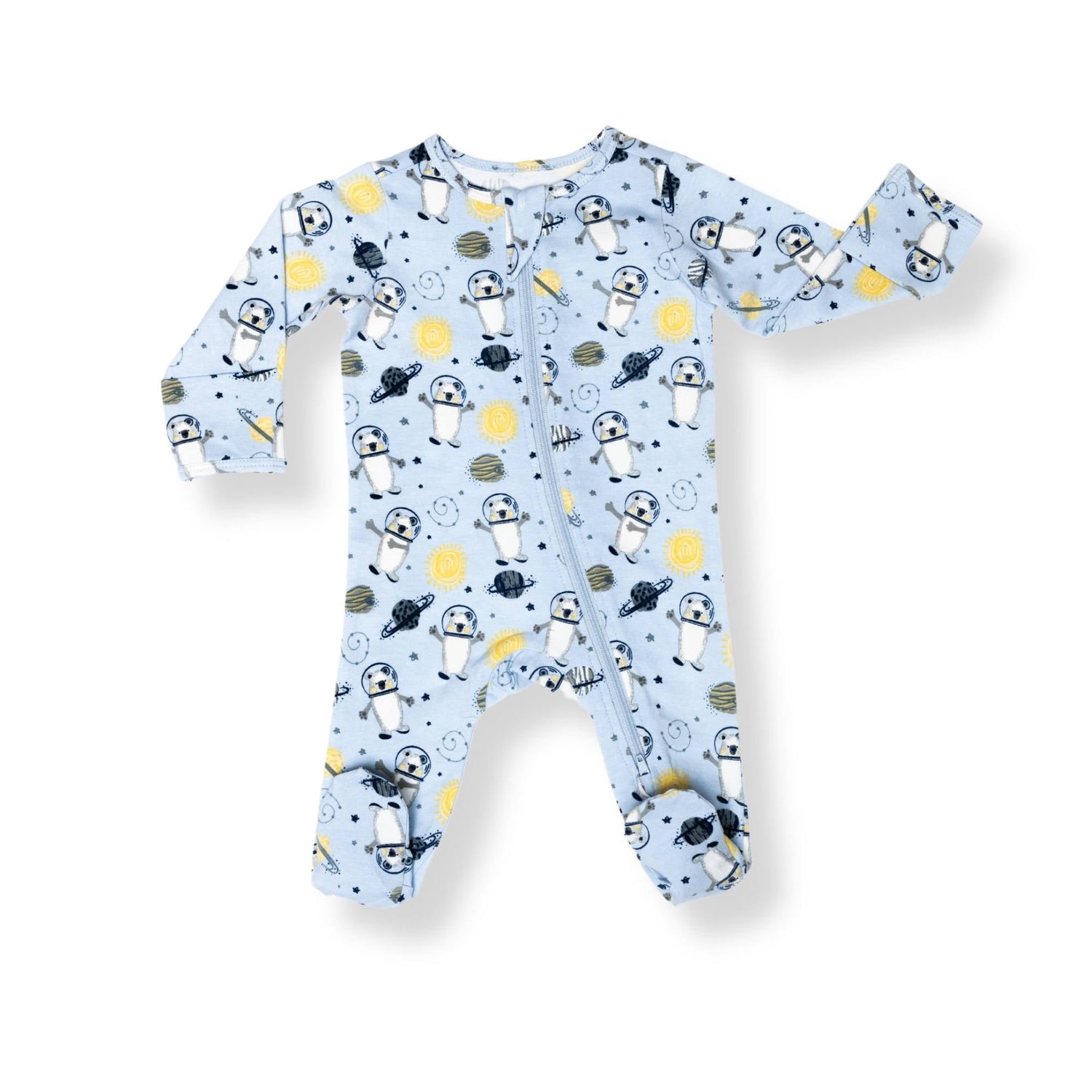 Norani Baby organic footie pajamas with space bears print.