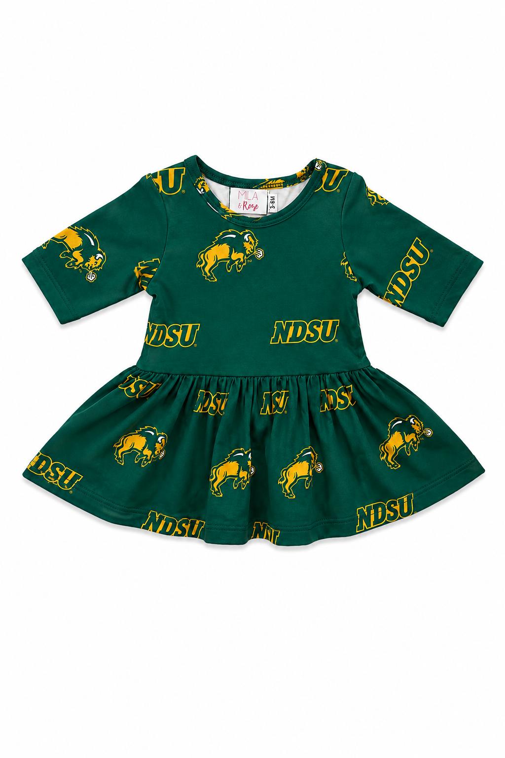 Green North Dakota State Bison baby twirl bodysuit with 3/4 sleeves and attached skirt