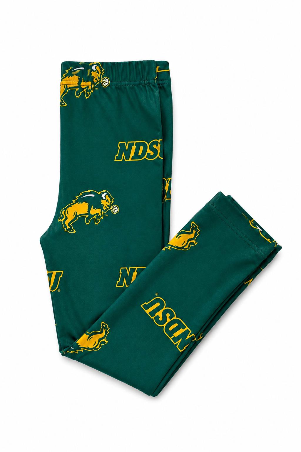 Green North Dakota State University Bison leggings for girls with team graphics