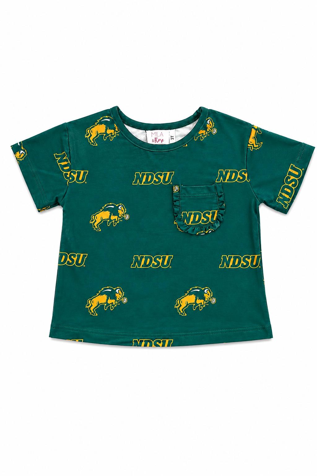 North Dakota State University Green Bison Ruffle Pocket Tee by Mila & Rose ®
