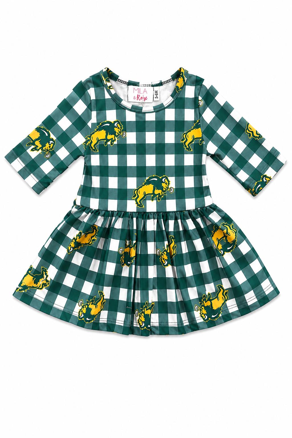 North Dakota State University Plaid Bison 3/4 Sleeve Twirl Bodysuit by Mila & Rose ®
