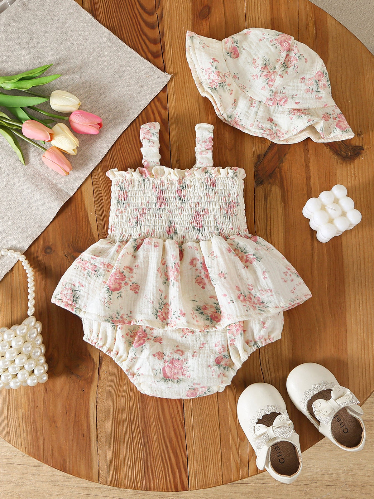 Muslin Summer Floral Print Smocked Baby Girl Romper Set Hat by Rylee Faith Designs at Everetts Place