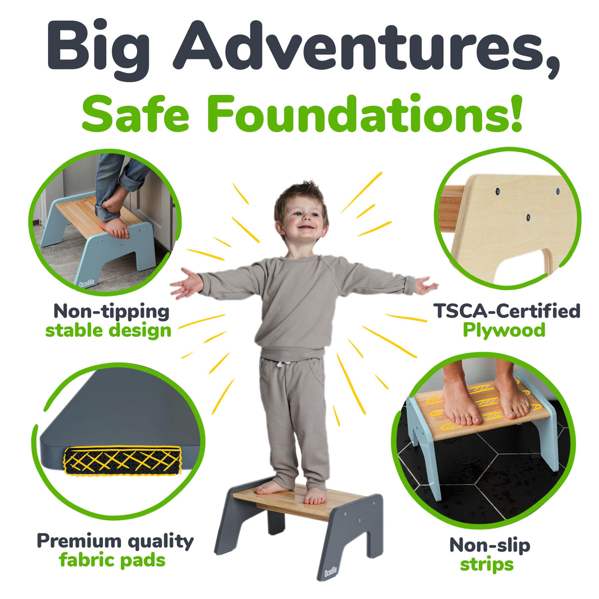 Ocodile.com 1-step wooden stool for kids, natural finish.