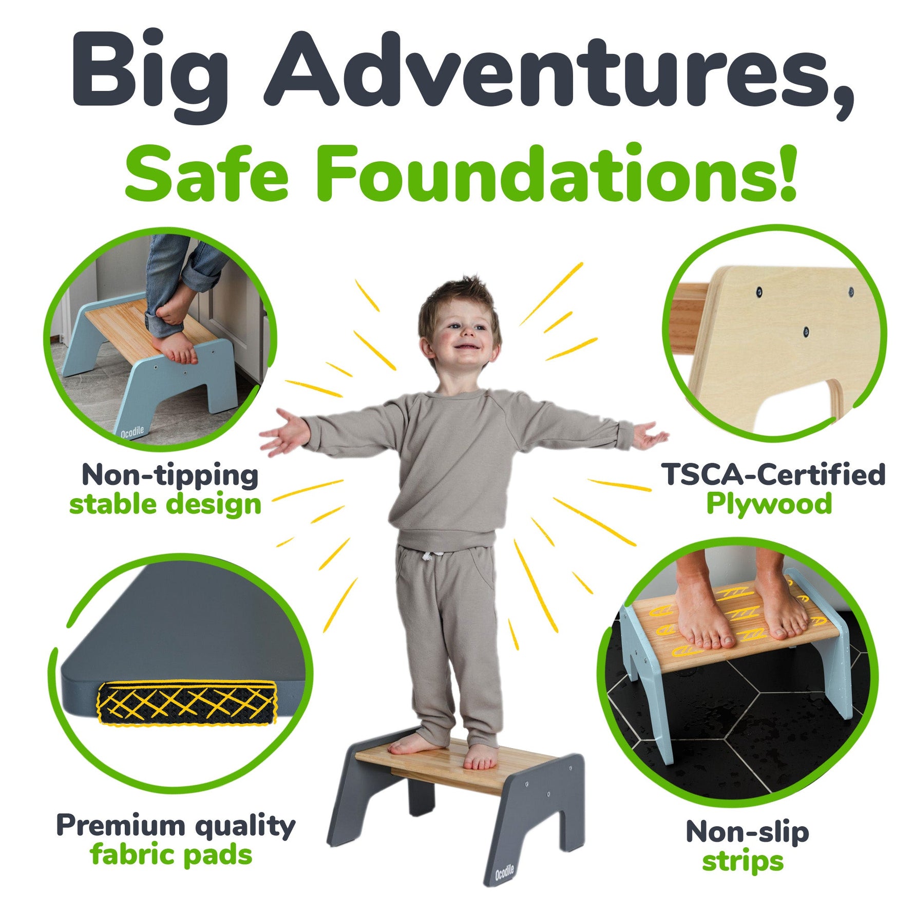 Ocodile.com 1-step wooden stool for kids, natural finish.