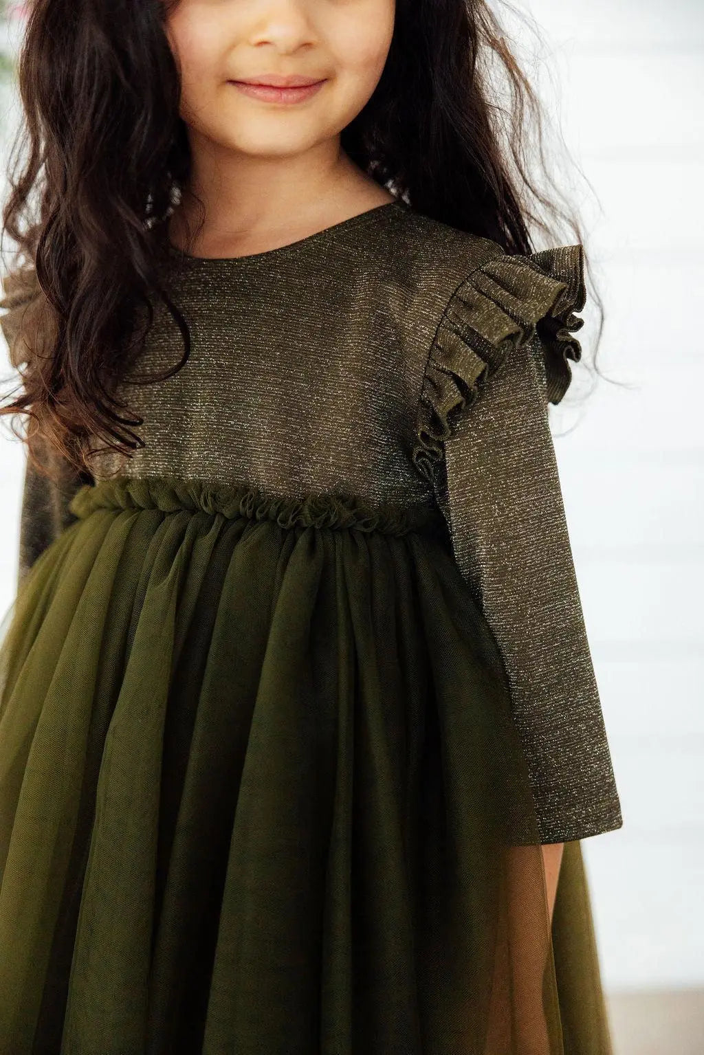 Olive Shimmer Three Quarter Sleeve Tutu Dress For Girls Mila & Rose ® Everetts Place: Online Boutique