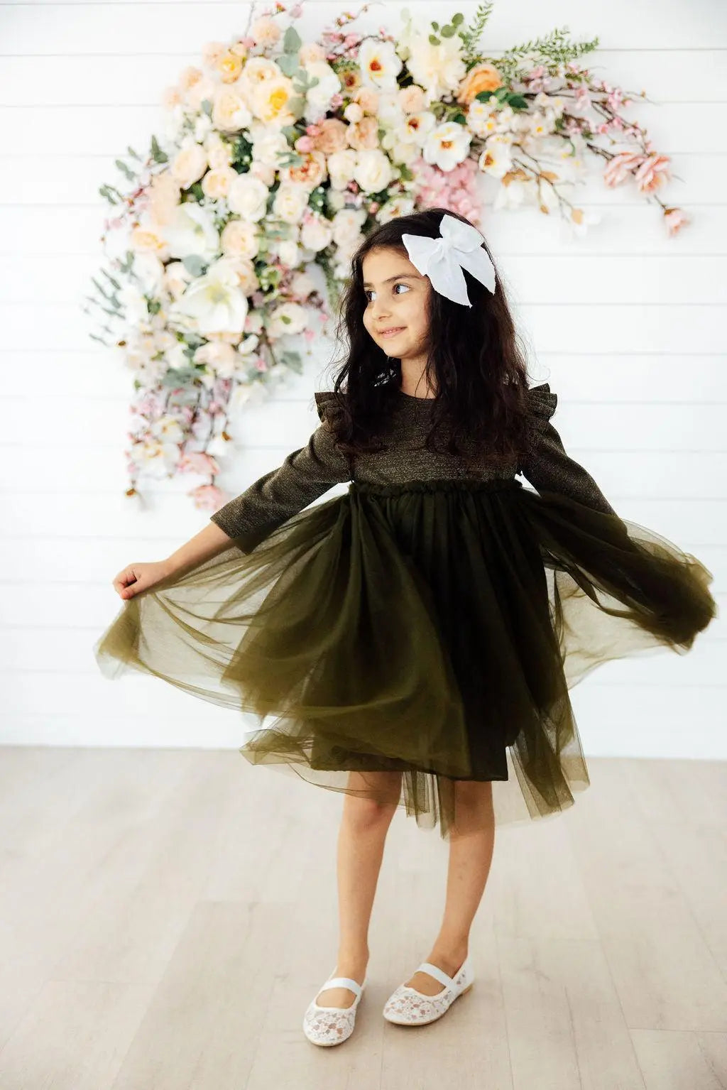 Olive Shimmer Three Quarter Sleeve Tutu Dress For Girls Mila & Rose ® Everetts Place: Online Boutique