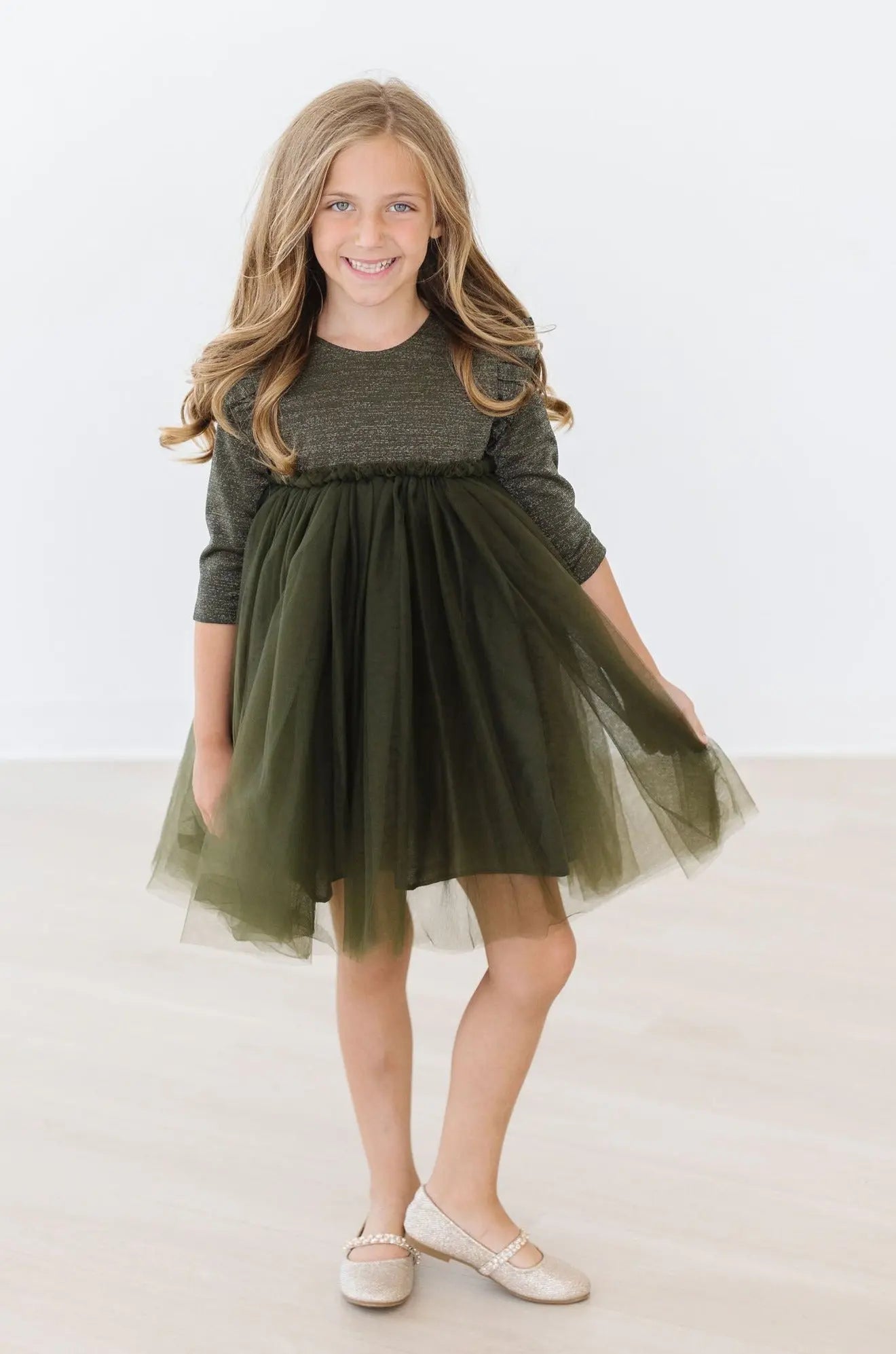 Olive Shimmer Three Quarter Sleeve Tutu Dress For Girls Mila & Rose ® Everetts Place: Online Boutique