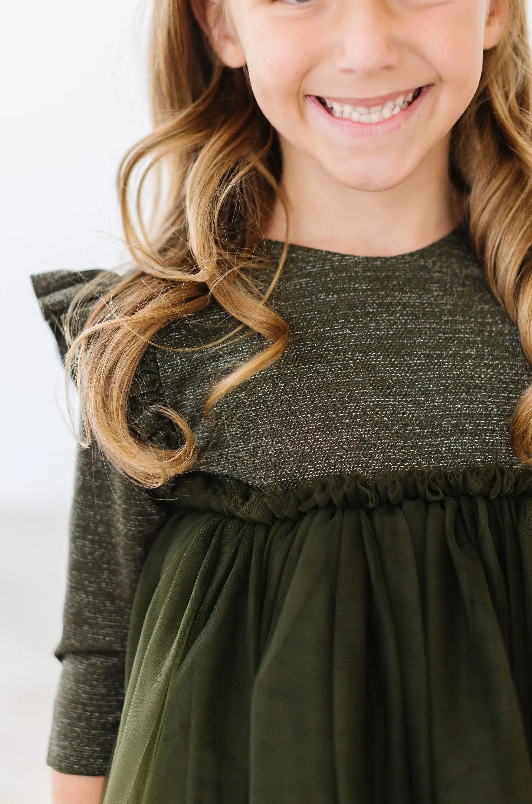 Olive Shimmer Three Quarter Sleeve Tutu Dress For Girls Mila & Rose ® Everetts Place: Online Boutique