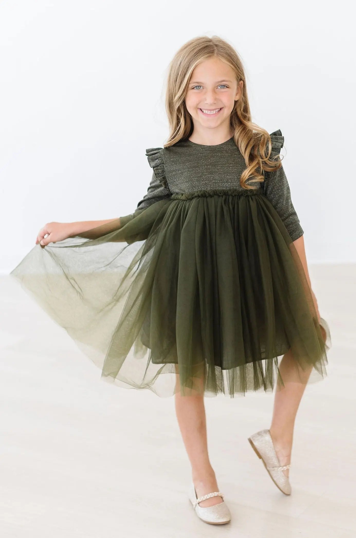 Olive Shimmer Three Quarter Sleeve Tutu Dress For Girls Mila & Rose ® Everetts Place: Online Boutique