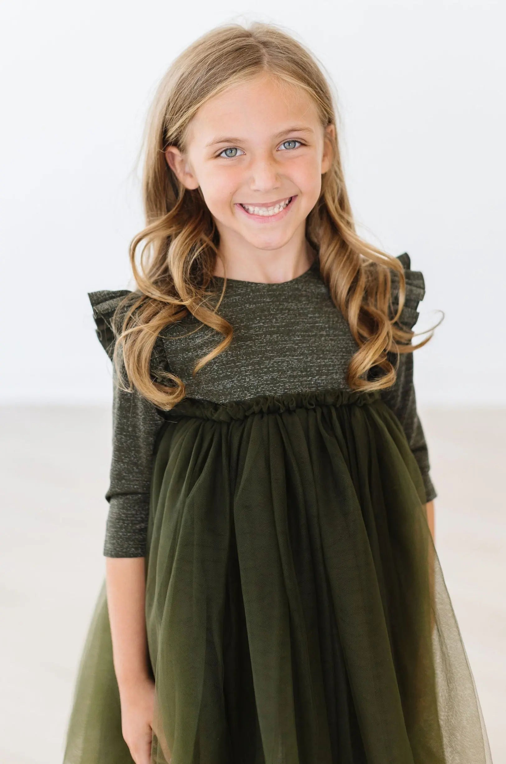 Olive Shimmer Three Quarter Sleeve Tutu Dress For Girls Mila & Rose ® Everetts Place: Online Boutique