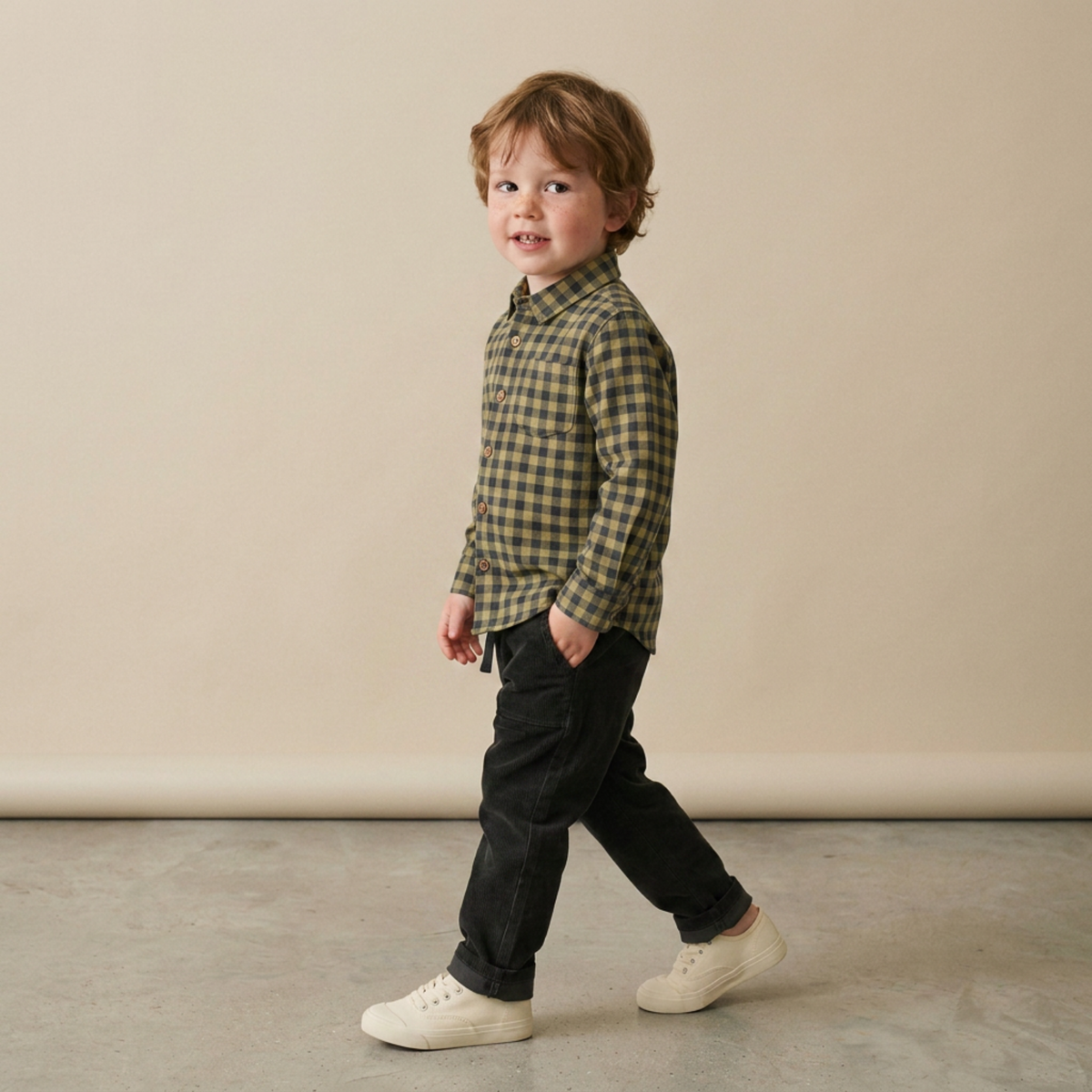 Organic Collared Long Sleeve Shirt - Olive Gingham by Makemake Organics