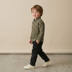 Organic Collared Long Sleeve Shirt - Olive Gingham by Makemake Organics