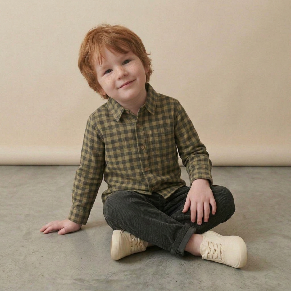 Organic Collared Long Sleeve Shirt - Olive Gingham by Makemake Organics
