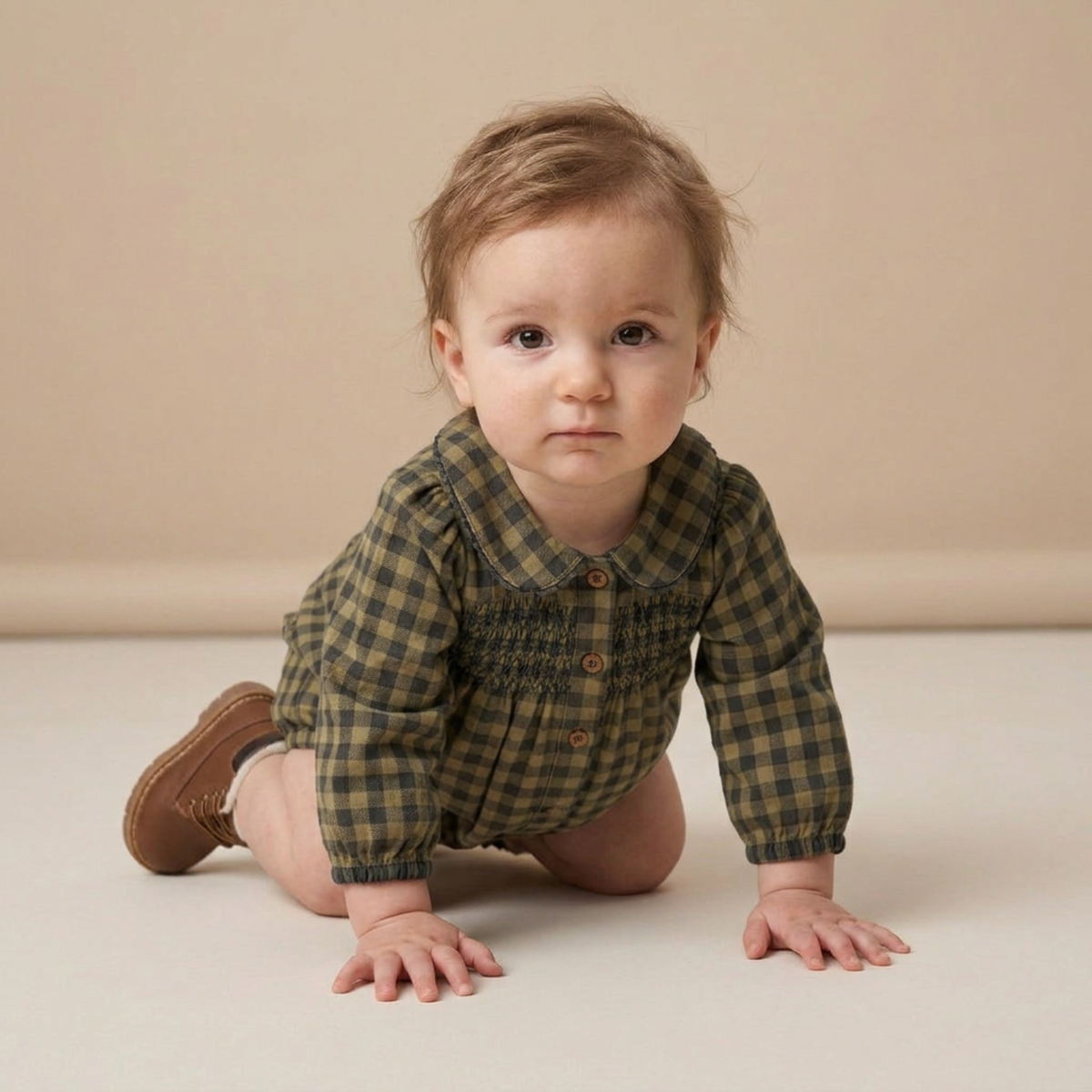 Organic Smocked Long Sleeve Bubble Romper - Olive Gingham by Makemake Organics