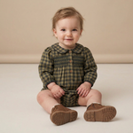 Organic Smocked Long Sleeve Bubble Romper - Olive Gingham by Makemake Organics