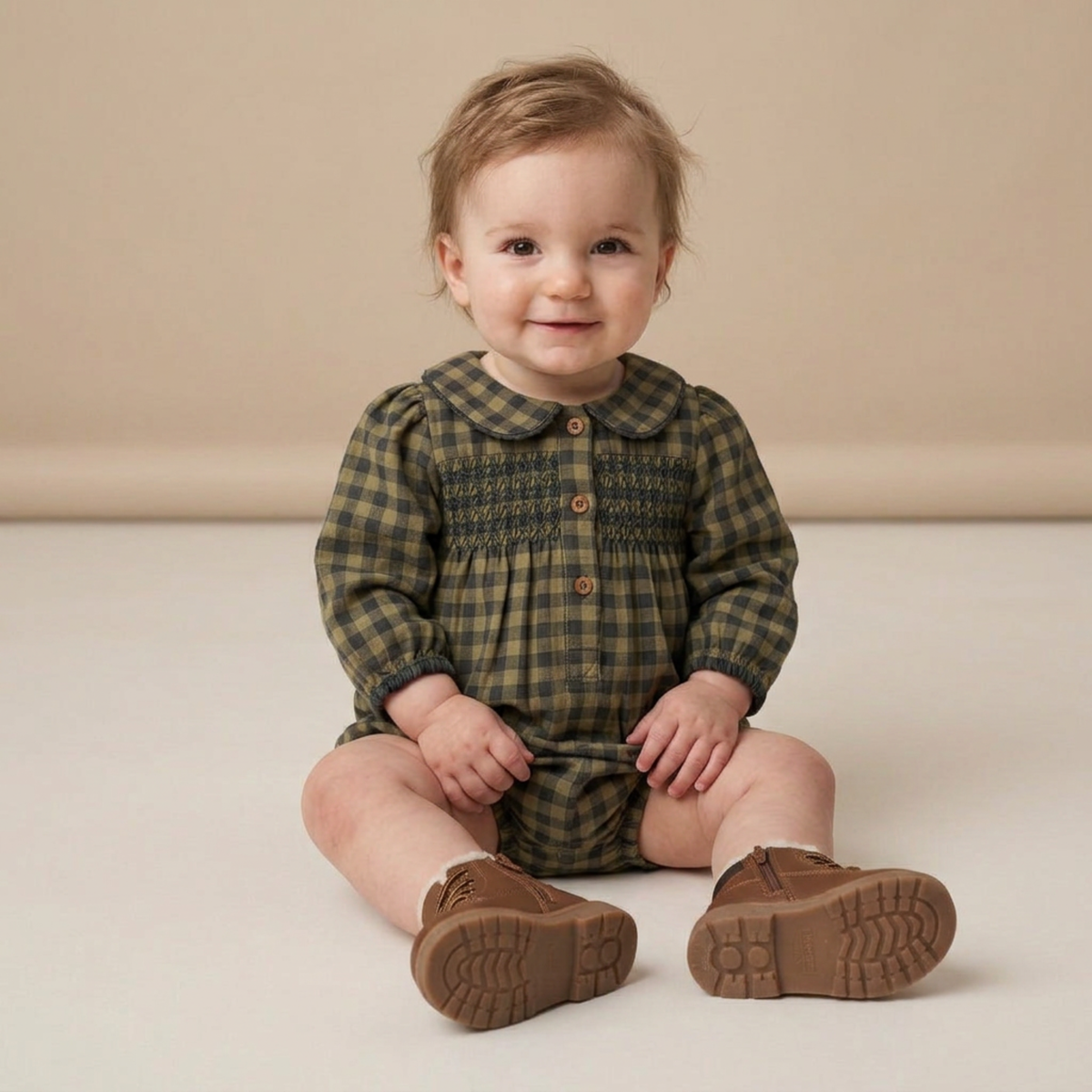 Organic Smocked Long Sleeve Bubble Romper - Olive Gingham by Makemake Organics