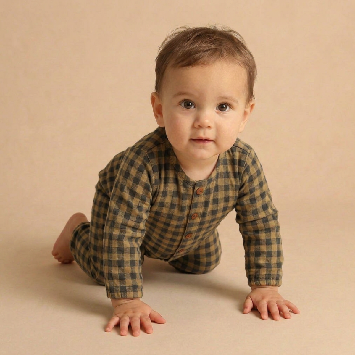 Organic Long Sleeve Button Romper - Olive Gingham by Makemake Organics