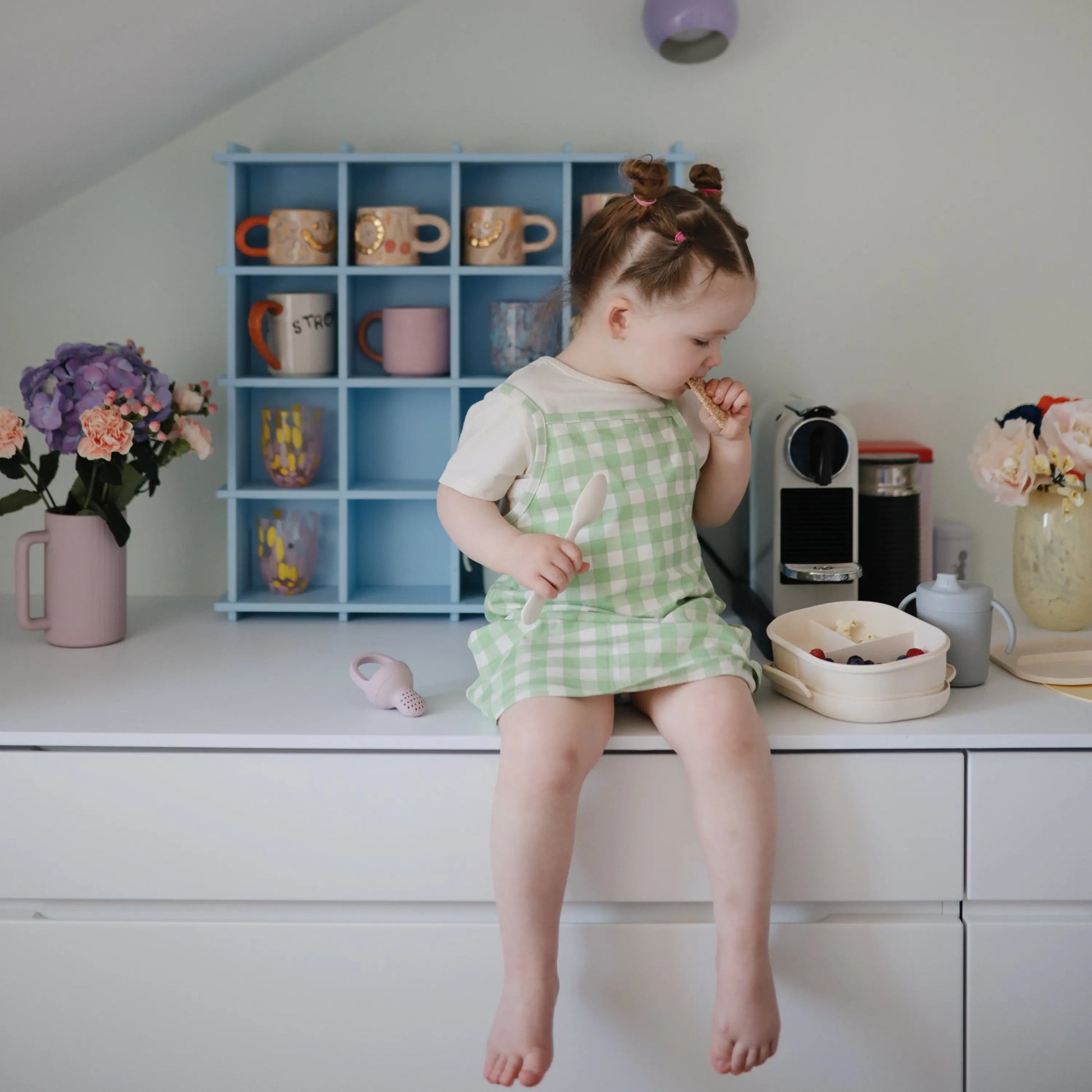 BPA Free Plastic Lunchbox with Built In Compartments and Locking Utensils Mushie