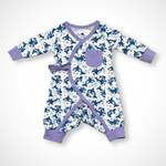 Long sleeve baby kimono romper in colorful orca print with wrap-front tie and snap closures