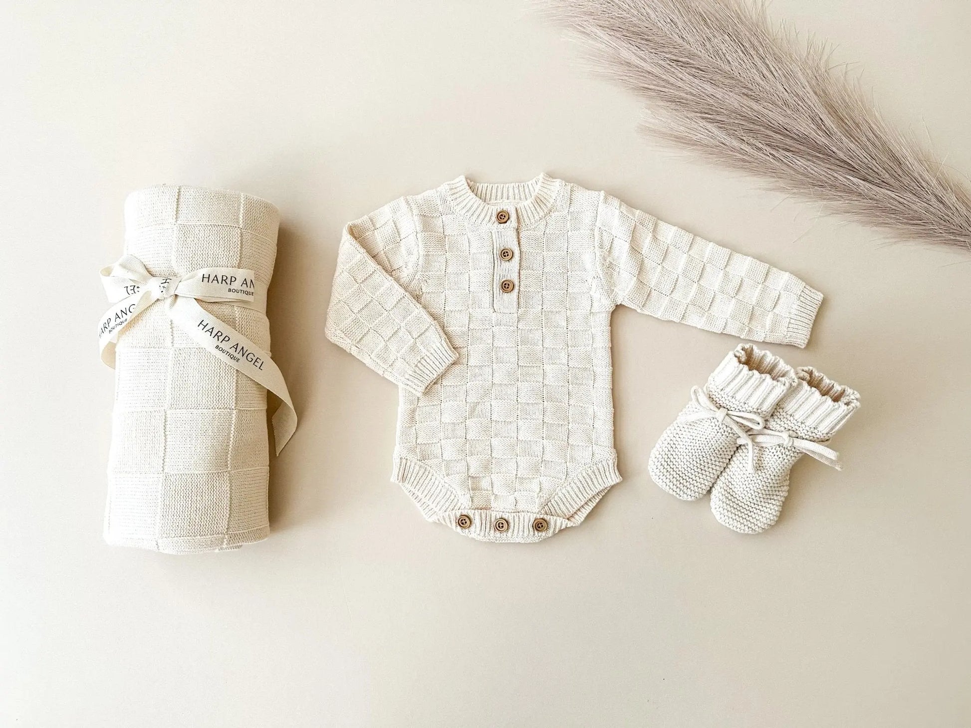 Organic Knit Bodysuit- Cream Checker Harp Angel Boutique