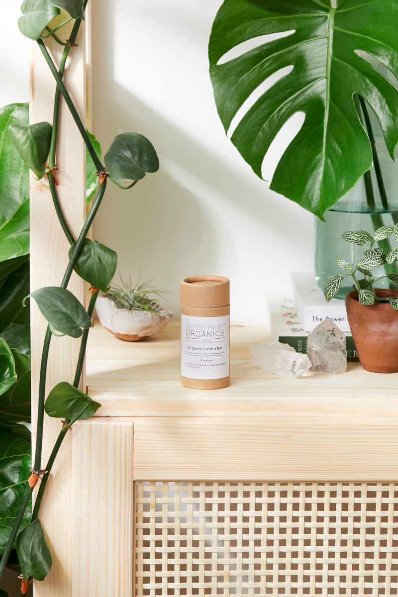 Organic Lotion Bar with Shea Butter and Coconut Oil in eco-friendly packaging on a wooden shelf surrounded by green plants.