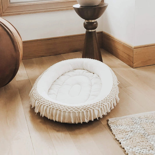 Oval Boho Chic Play Mat with Macramé Fringe Machine Washable Organic Cotton for Infants Up to Nine Months Finn + Emma